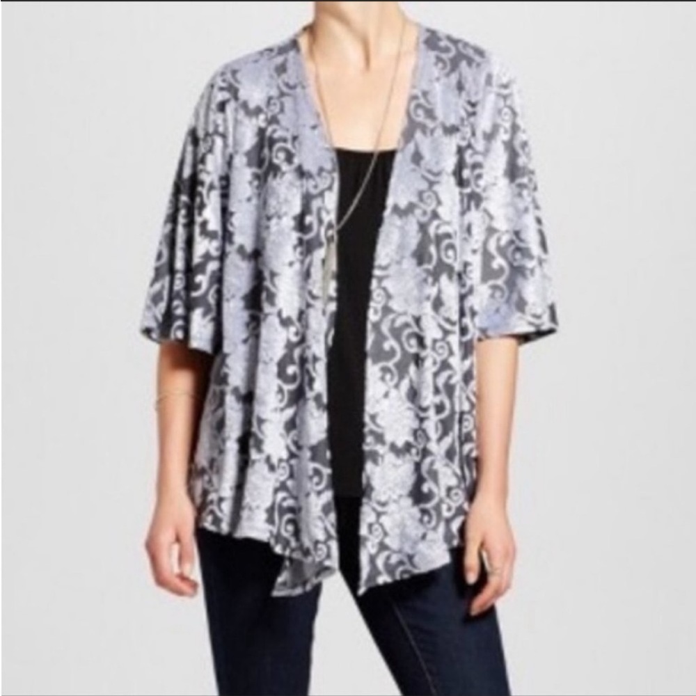 𝅺knox Rose Floral Silver Crushed Velvet Waterfall Draped Open Front Cardigan